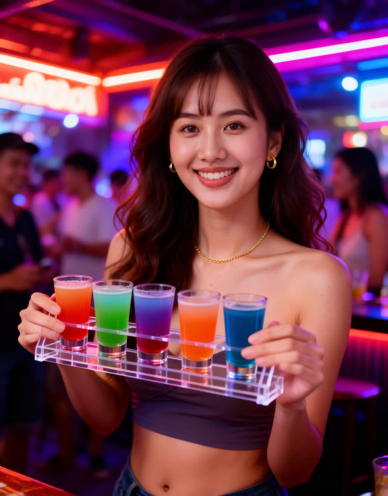 AI demo: Mook serving a tray of neon shots at a Pattaya bar